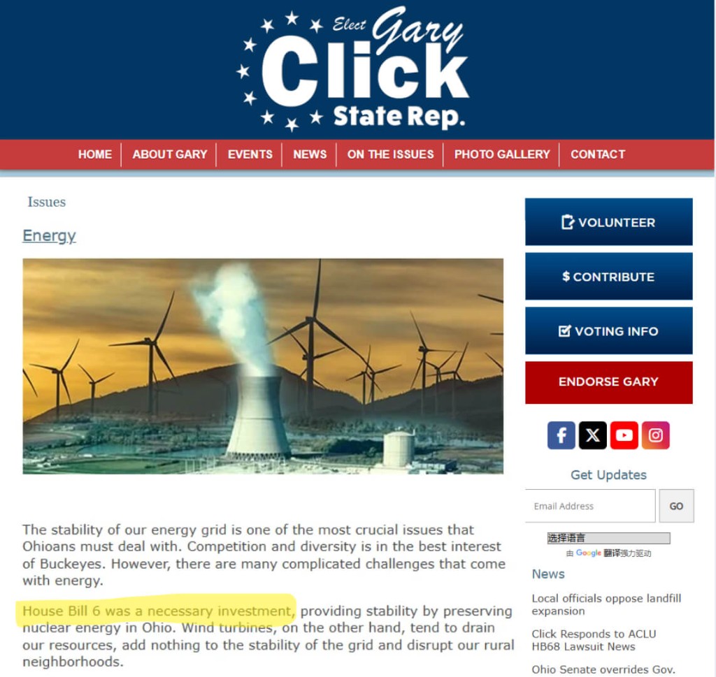 garyclick.com Issues page Energy section highlighting House Bill 6 defense, May 2026