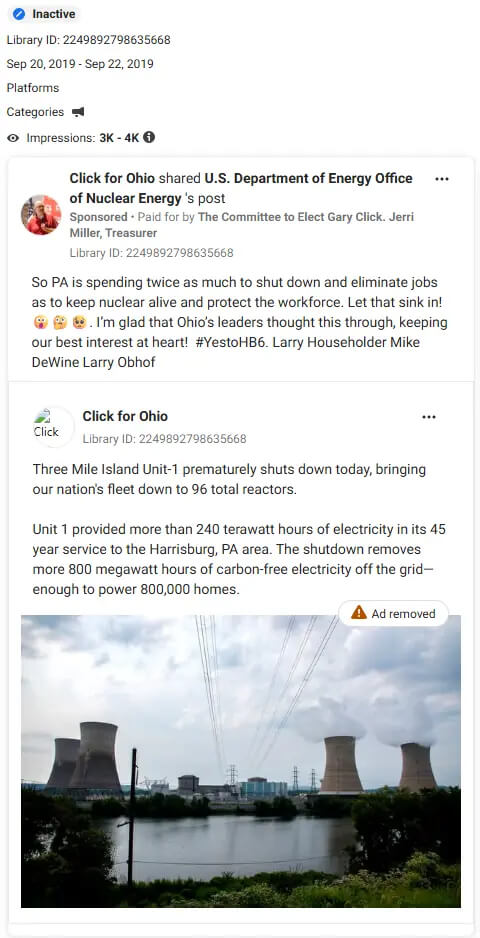 Meta Ad Library entry: Click for Ohio sponsored post endorsing HB 6, September 2019